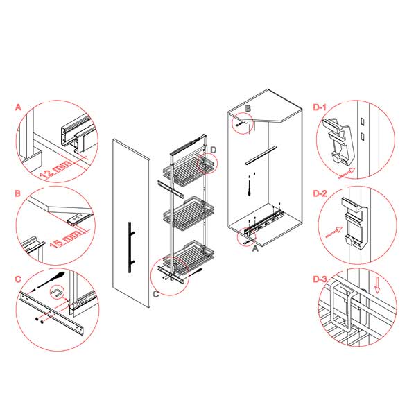 Žičani špajz DAUER 230x510x1250-1400, 4 korpe, korpus 300 mm