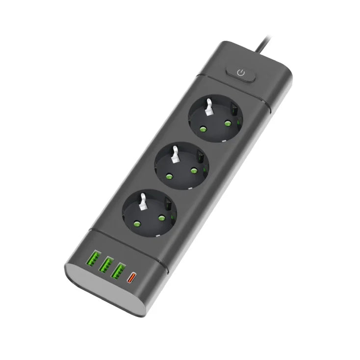 PROSTO produžni kabl sa 3 utičnice, USB i USB-C priključcima, crni