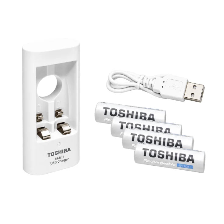 TOSHIBA USB punjač za Ni-MH baterije AA/AAA — sa 4 punjive AA 2000 mAh