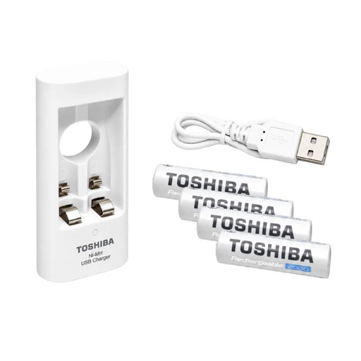 TOSHIBA USB punjač za Ni-MH baterije AA/AAA — sa 4 punjive AA 2000 mAh