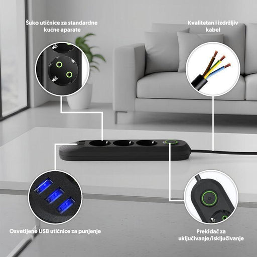 Razvodnik sa 3 mesta 2m 1.5mm2+pr. 3xUSB