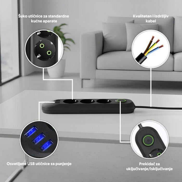 Razvodnik sa 3 mesta 2m 1.5mm2+pr. 3xUSB