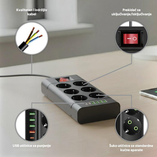 Razvodnik sa 6 mesta 2m 1.5mm2+pr. 4xUSB+2xtip C