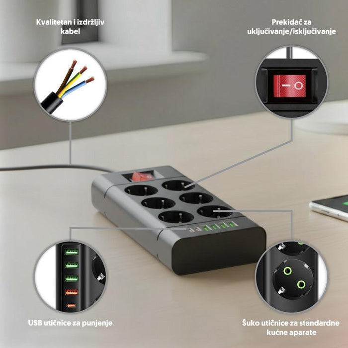 Razvodnik sa 6 mesta 2m 1.5mm2+pr. 4xUSB+2xtip C