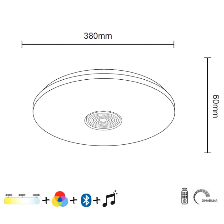 LED plafonjera SOLEA 126 — 22/44W, CCT+RGB, Bluetooth zvučnik, Ø380
