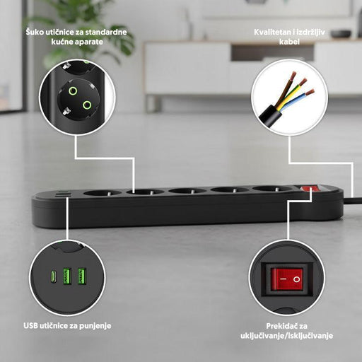 Razvodnik sa 5 mesta 2m 1.5mm2+pr. 2xUSB+tip C