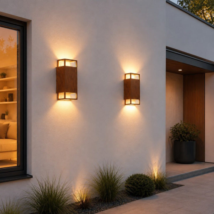 Zidna lampa 2 × GU10 — IP65, 105 × 80 × 235 mm, dezen drveta