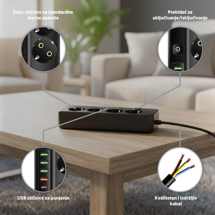 Razvodnik sa 4 mesta 2m 1.5mm2+pr. 4xUSB+tip C