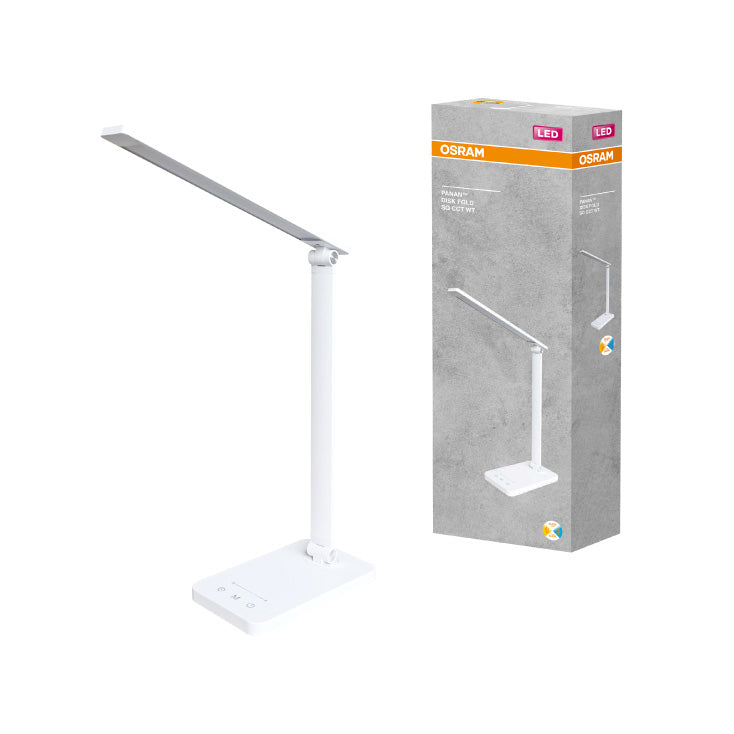 OSRAM sklopiva stona LED lampa sa satom — 6,5 W, CCT, USB, bela