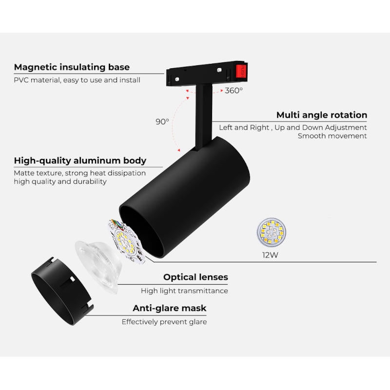 Magnetna šinska LED top svetiljka 12W Dual White Zigbee — crna