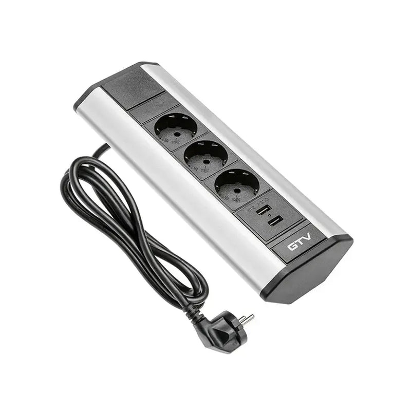 GTV LED Ugaona utičnica 4× + 2×USB — 1,5 m, alu