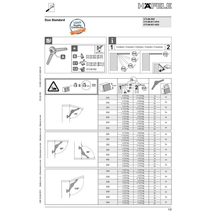 Häfele Podizni mehanizam Duo Standard set za drvene ili široke aluminijumske frontove
