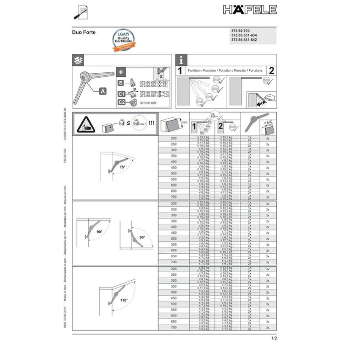 Häfele Podizni mehanizam Duo Forte set za drvene ili široke aluminijumske frontove