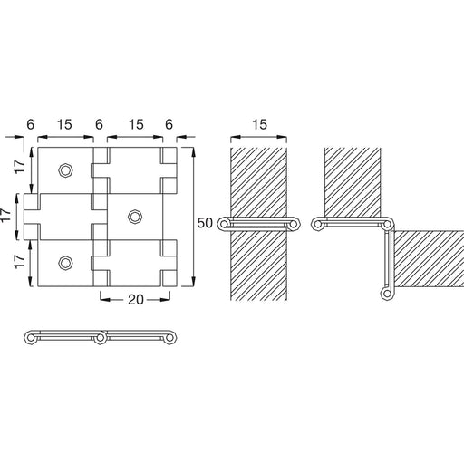 Šarka Paravant 50x21 mm, debljina drveta 15 mm, mesing niklovan mat