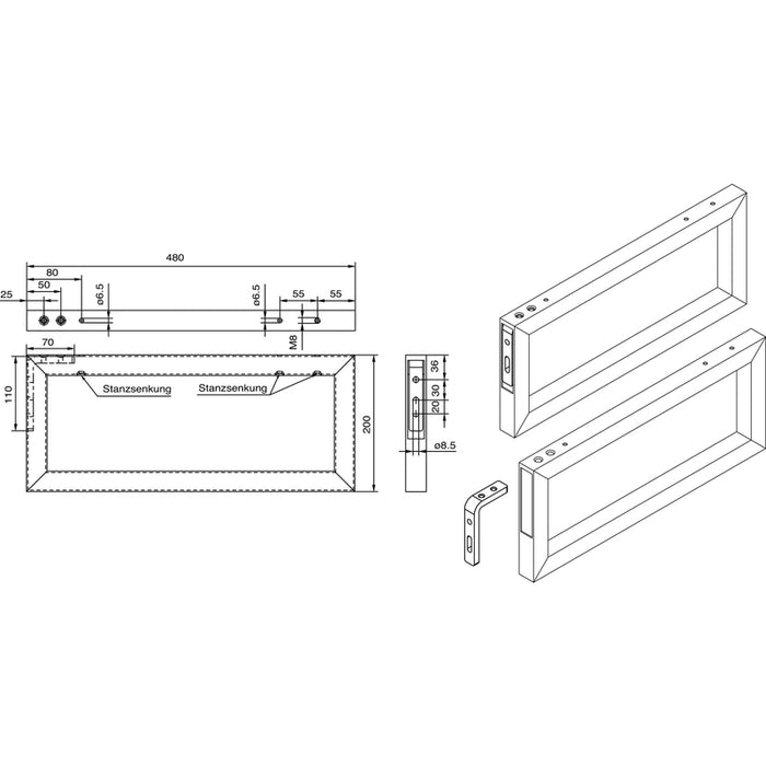 Zidna konzola - držač za peškir, visina 200 mm, dubina 480 mm, čelik boje srebra