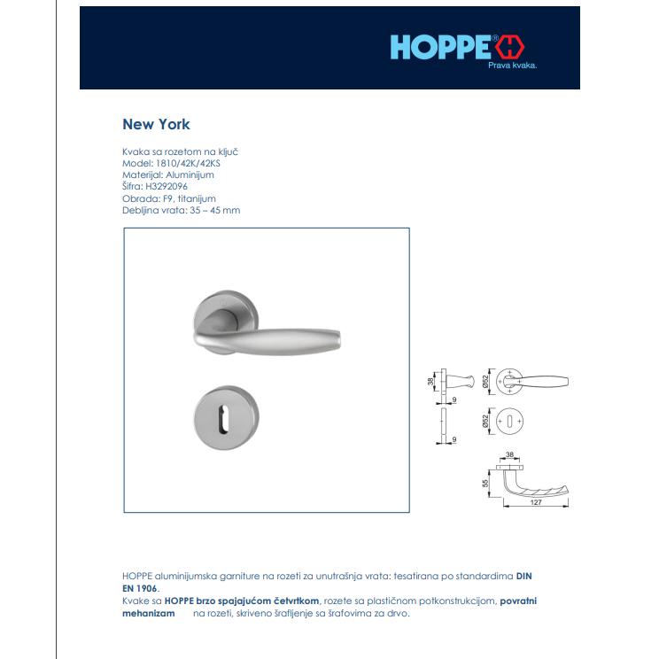 HOPPE 1810/42K/42KS KVAKA SA ROZETOM ZA VRATA- New York F9